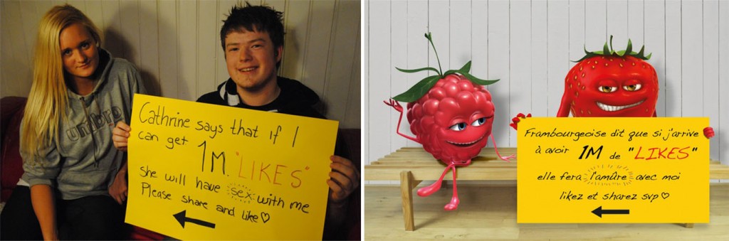 oasis rebondit sur l'actualité en postant une photo de fruits caricaturant la tendance des message facebook qui réclament des "like" pour obtenir une faveur ou un cadeau de leur proche