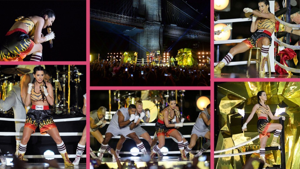 Katy Perry clôture la cérémonie des MVA 2013 en interpétant pour al première fois en live son nouveau titre Roar sous le pont de Brooklyn et sur un ring de boxe