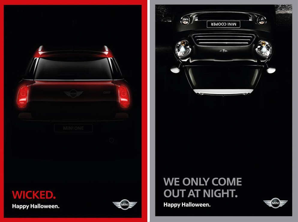 Mini Cooper met ses voitures en mode halloween avec une version diable et une version chauve souris