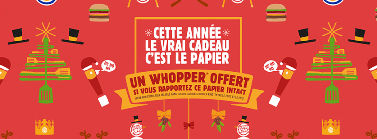 Pour Noël Burger King vous propose un papier cadeau spécial qui permet d'offrir un whopper s'il est ramené intact !