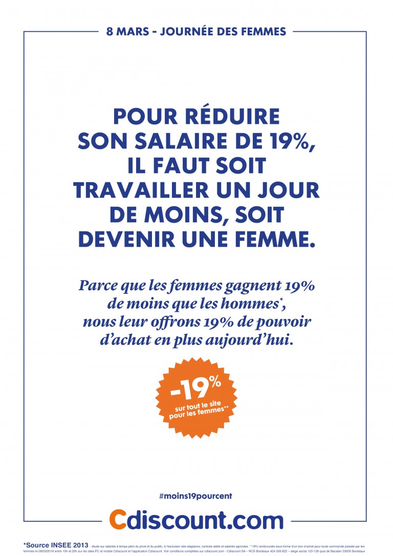 Pour la journée des femmes, Cdiscount offre 19% de pouvoir d'achat en plus aux femmes avec son opération #Moins19pourcent