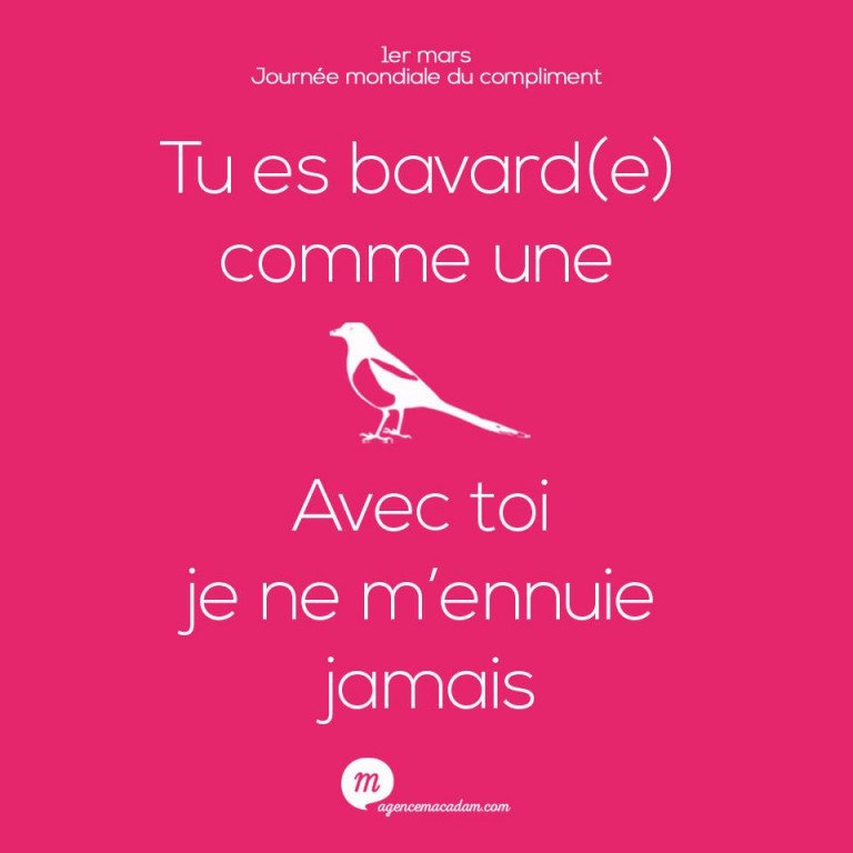 Tu es bavarde comme une pie avec toi je ne m'ennuie jamais ... La,journée des compliments avec l'agence Macadam