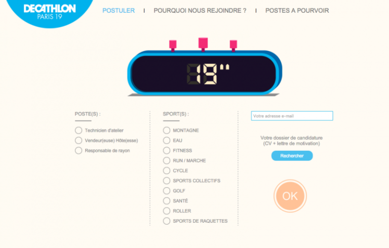 En 19 secondes, les candidats doivent choisir le poste pour lequel il postule, renseigner leurs sports, leur mail et joindre CV et LM !