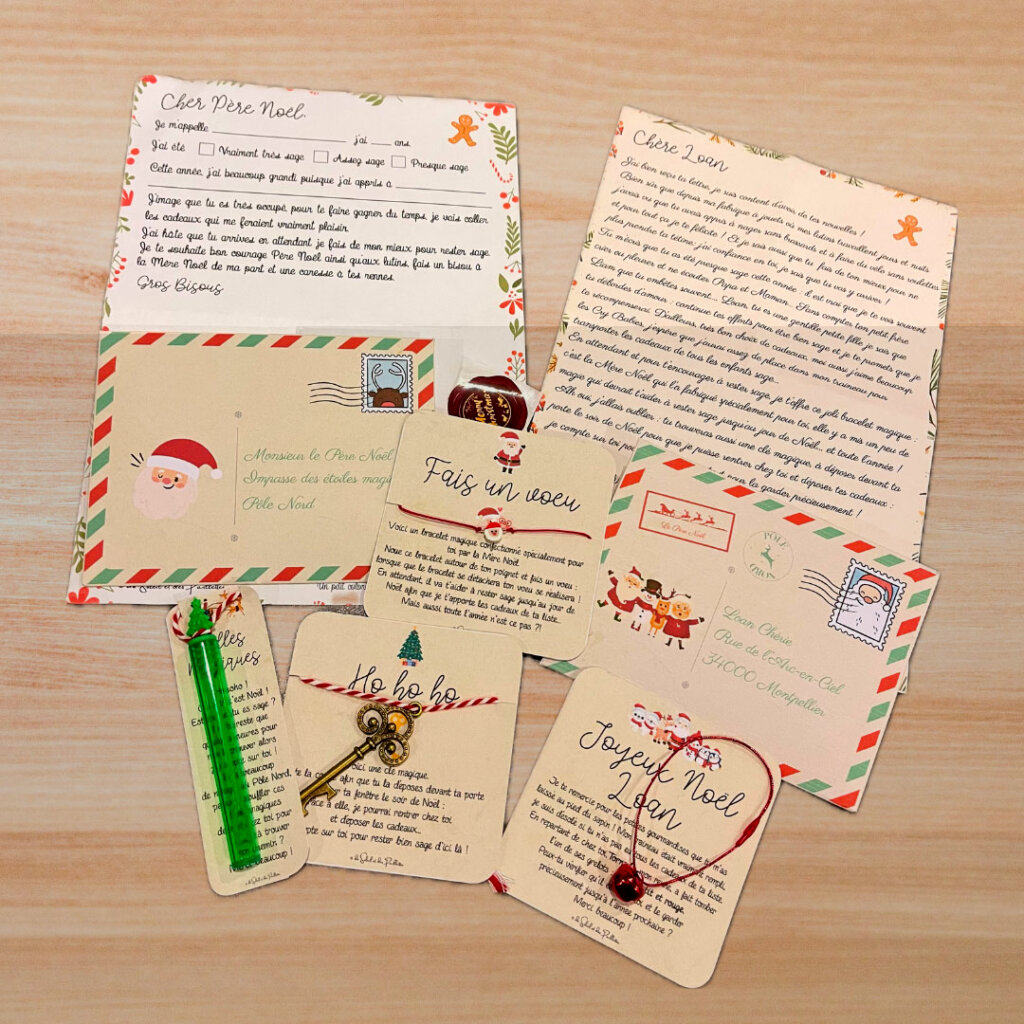 Kit magie de noël vendu sur le site du soleil et des paillettes avec la réponse personnalisée du père noël, une clé magique et un bracelet de noël